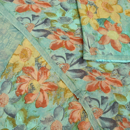 Indian Vintage Sari Green Pure Georgette Silk Printed Sarees Craft Fabric Sewing 6Yd Soft Sari Dress Making Crafting Quilting Upcycle