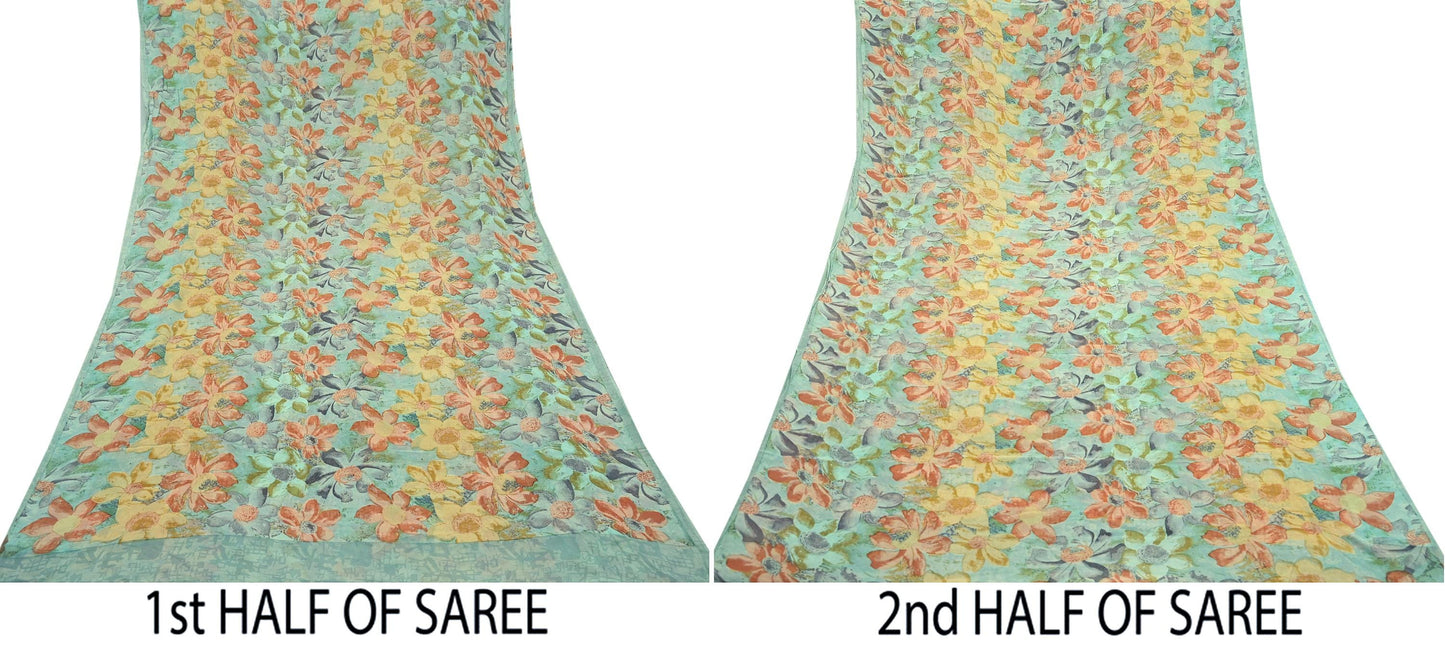 Indian Vintage Sari Green Pure Georgette Silk Printed Sarees Craft Fabric Sewing 6Yd Soft Sari Dress Making Crafting Quilting Upcycle