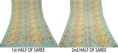 Indian Vintage Sari Green Pure Georgette Silk Printed Sarees Craft Fabric Sewing 6Yd Soft Sari Dress Making Crafting Quilting Upcycle
