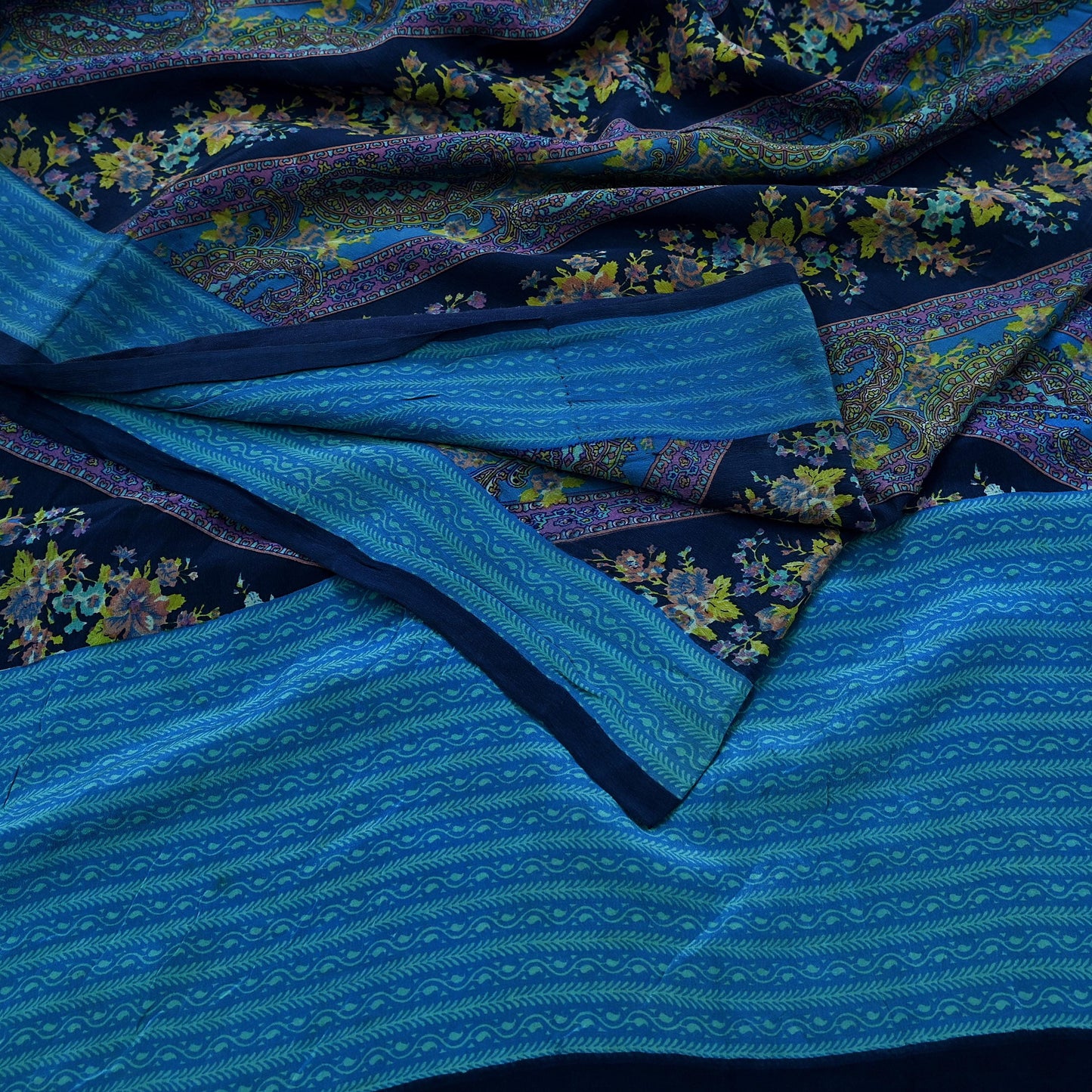 Indian Vintage Blue Saree Pure Crepe Silk Printed Sari Craft Fabric 5yd Sewing Paisley Soft Craft Fabric Wrap Dress making Quilting Upcycle