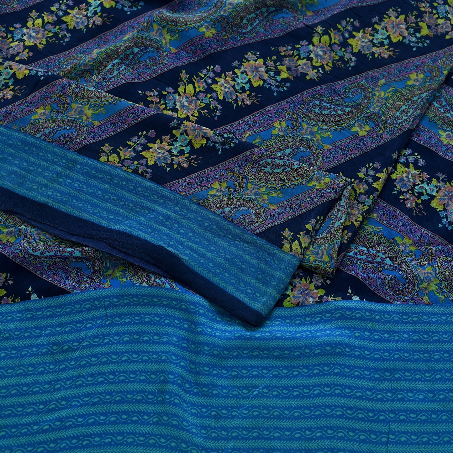 Indian Vintage Blue Saree Pure Crepe Silk Printed Sari Craft Fabric 5yd Sewing Paisley Soft Craft Fabric Wrap Dress making Quilting Upcycle