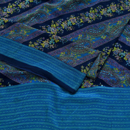 Indian Vintage Blue Saree Pure Crepe Silk Printed Sari Craft Fabric 5yd Sewing Paisley Soft Craft Fabric Wrap Dress making Quilting Upcycle