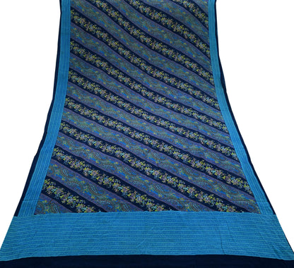 Indian Vintage Blue Saree Pure Crepe Silk Printed Sari Craft Fabric 5yd Sewing Paisley Soft Craft Fabric Wrap Dress making Quilting Upcycle