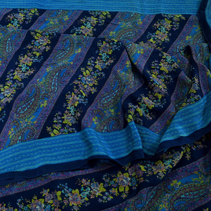 Indian Vintage Blue Saree Pure Crepe Silk Printed Sari Craft Fabric 5yd Sewing Paisley Soft Craft Fabric Wrap Dress making Quilting Upcycle