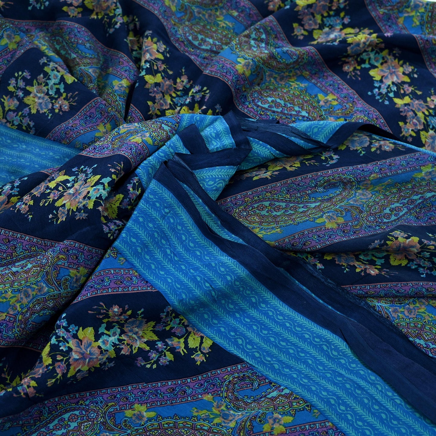 Indian Vintage Blue Saree Pure Crepe Silk Printed Sari Craft Fabric 5yd Sewing Paisley Soft Craft Fabric Wrap Dress making Quilting Upcycle