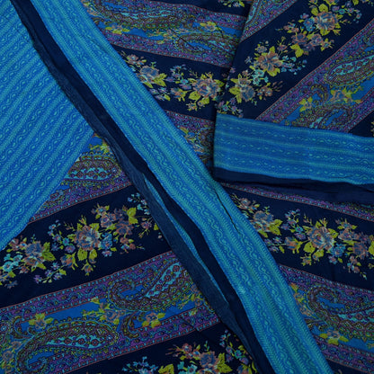 Indian Vintage Blue Saree Pure Crepe Silk Printed Sari Craft Fabric 5yd Sewing Paisley Soft Craft Fabric Wrap Dress making Quilting Upcycle