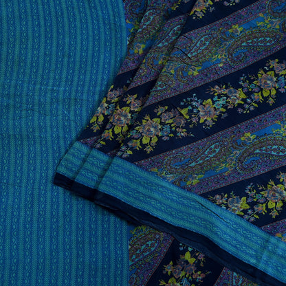 Indian Vintage Blue Saree Pure Crepe Silk Printed Sari Craft Fabric 5yd Sewing Paisley Soft Craft Fabric Wrap Dress making Quilting Upcycle