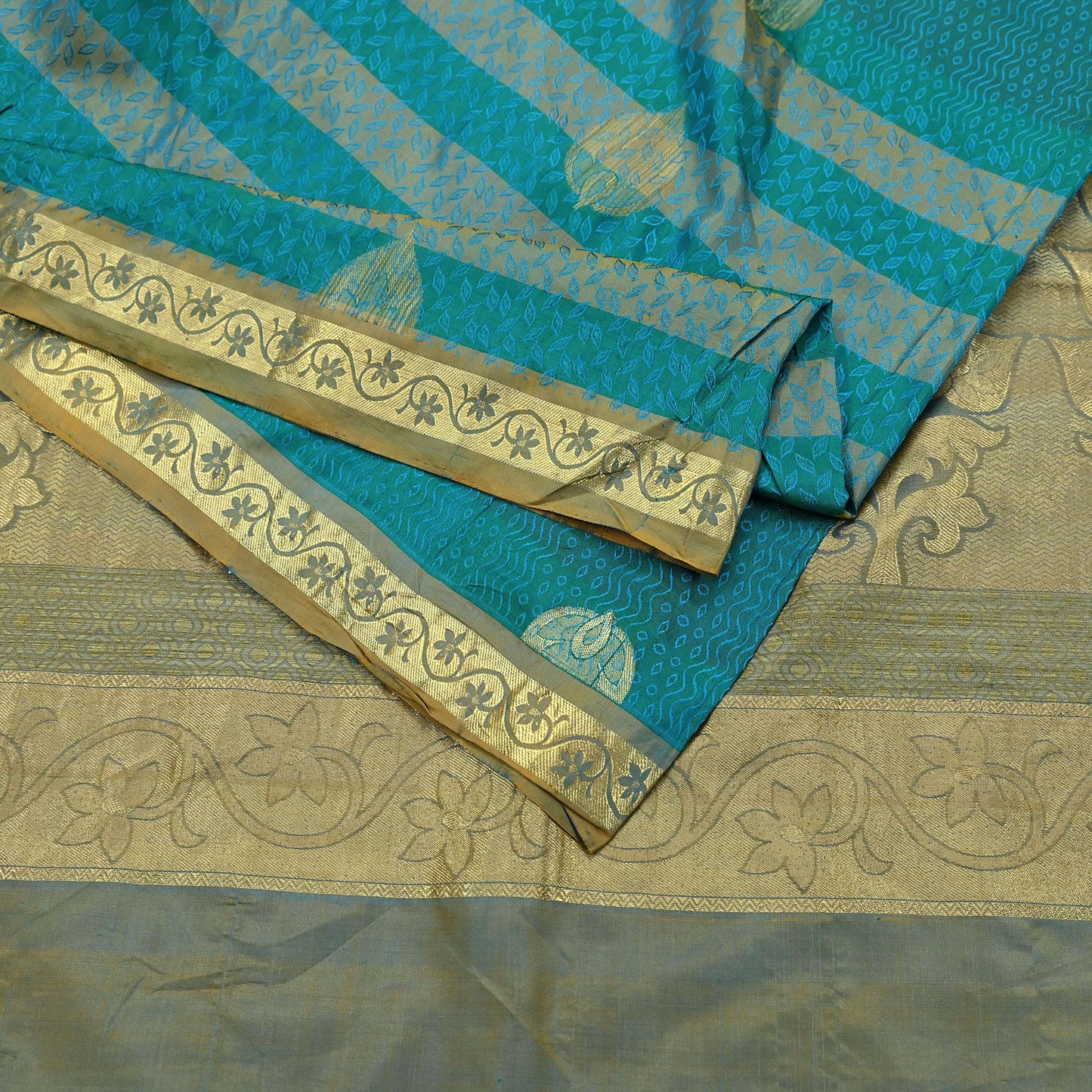 Indian Vintage Heavy Sari Green & Blue Kanjivaram Saree 100% Pure Silk Zari 5Yd Crafting Dress making For Crafting Quilting Upcycle