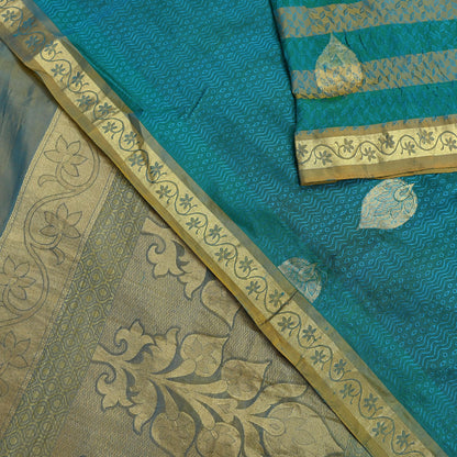 Indian Vintage Heavy Sari Green & Blue Kanjivaram Saree 100% Pure Silk Zari 5Yd Crafting Dress making For Crafting Quilting Upcycle