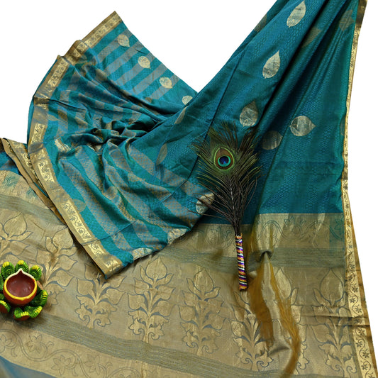 Indian Vintage Heavy Sari Green & Blue Kanjivaram Saree 100% Pure Silk Zari 5Yd Crafting Dress making For Crafting Quilting Upcycle