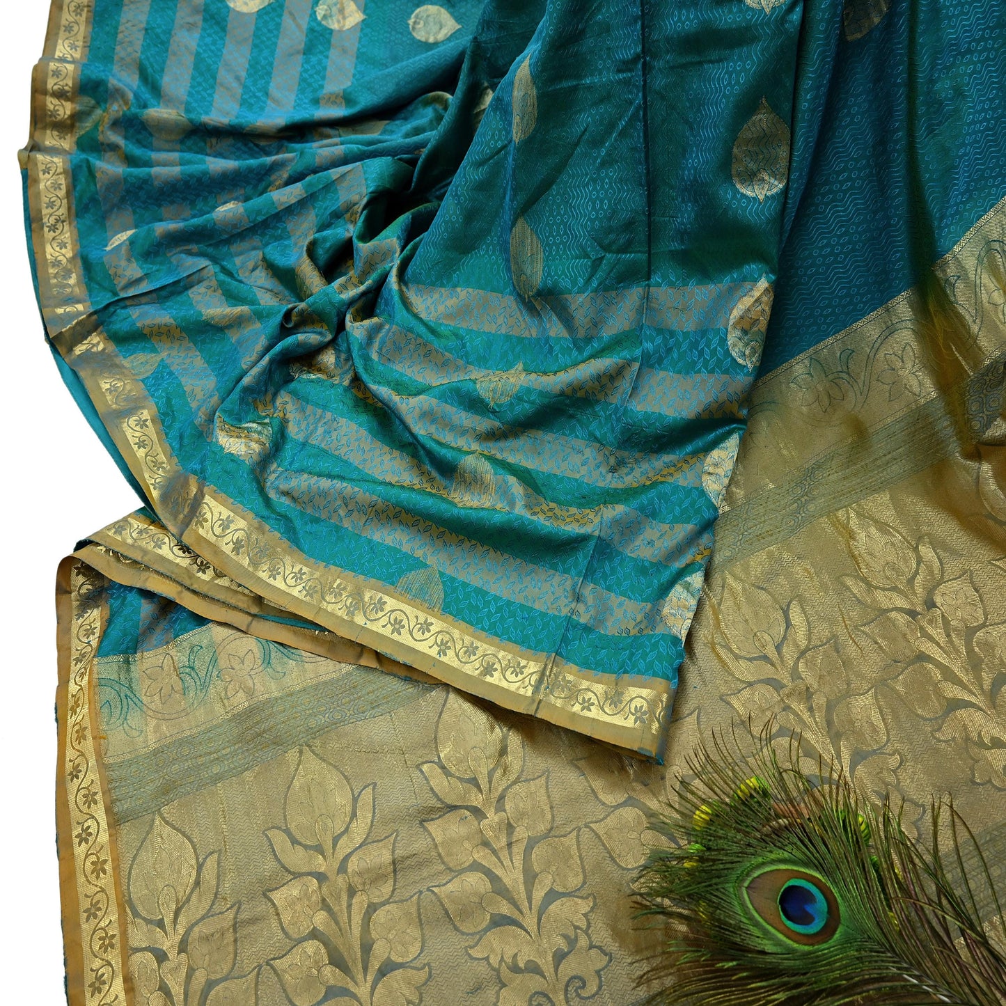 Indian Vintage Heavy Sari Green & Blue Kanjivaram Saree 100% Pure Silk Zari 5Yd Crafting Dress making For Crafting Quilting Upcycle