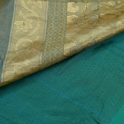Indian Vintage Heavy Sari Green & Blue Kanjivaram Saree 100% Pure Silk Zari 5Yd Crafting Dress making For Crafting Quilting Upcycle