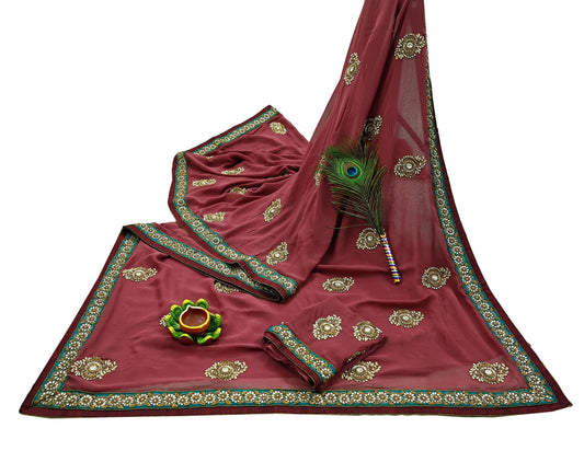 Indian Vintage Heavy Sarees Pink Pure Georgette Silk Hand Embroidered Sari Fabric 6Yd Sewing Ethnic Zardozi/dabka zari With Blouse Pcs