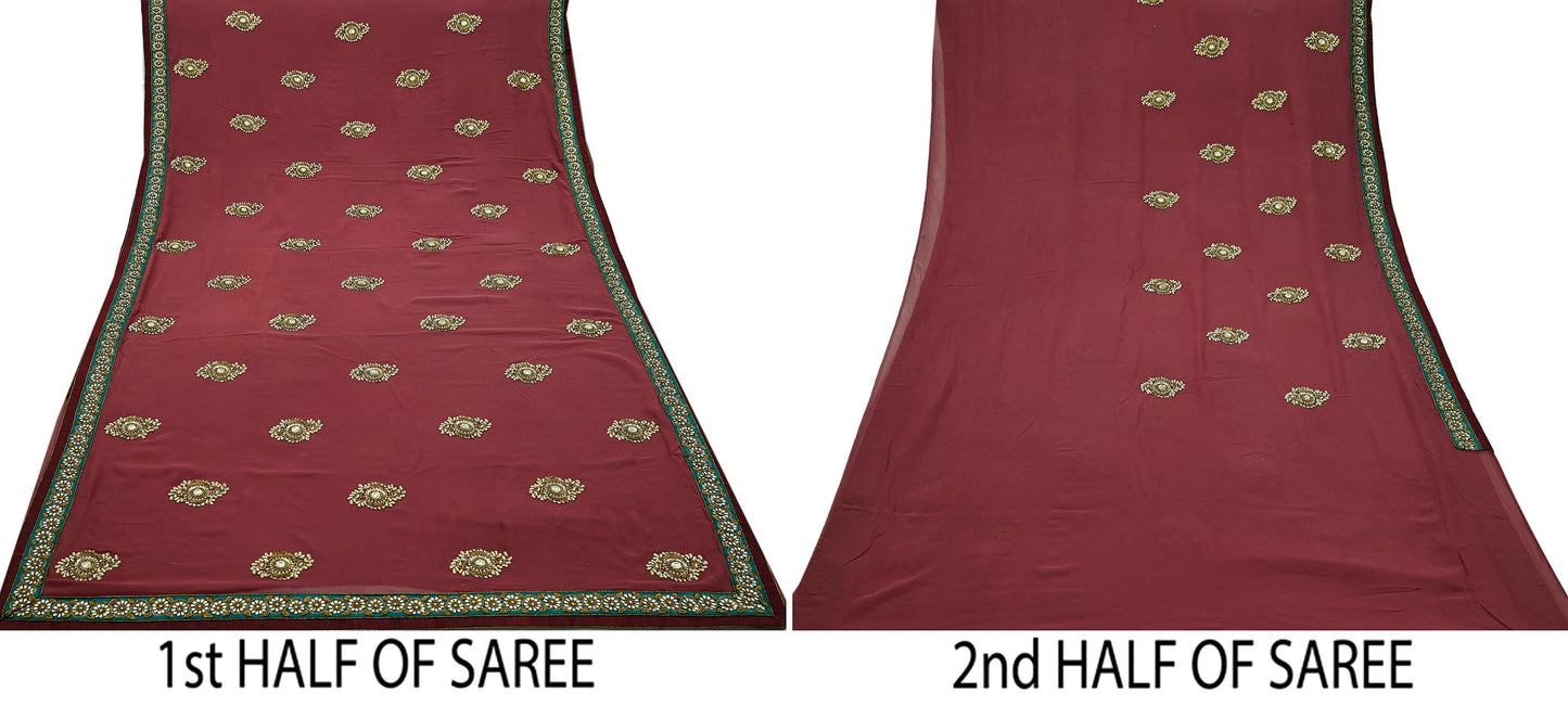 Indian Vintage Heavy Sarees Pink Pure Georgette Silk Hand Embroidered Sari Fabric 6Yd Sewing Ethnic Zardozi/dabka zari With Blouse Pcs