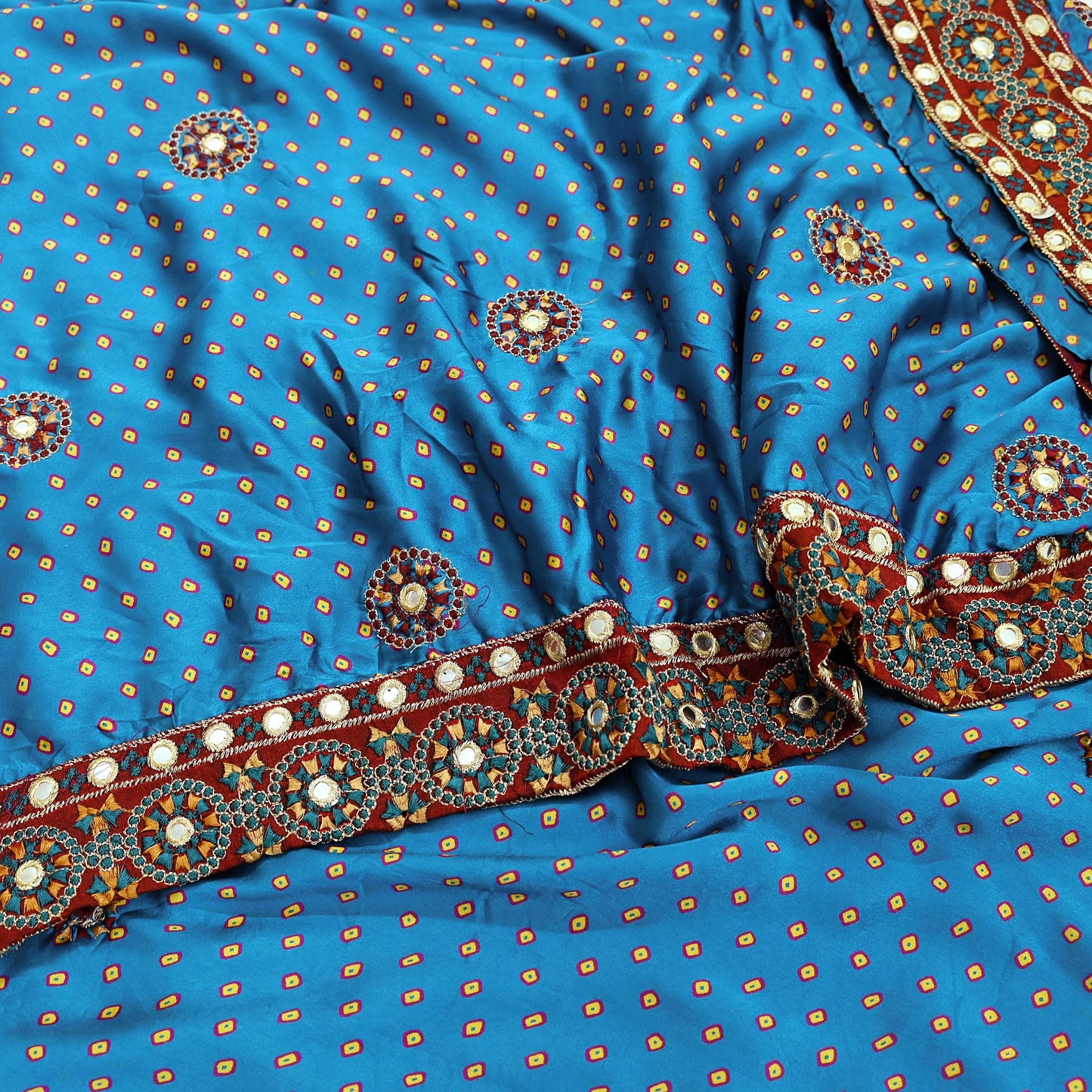 Indian Vintage Blue Saree Hand Embroidered Bandhani Printed Sari Pure satin Silk Sari 5yd Craft Fabric Dress making With Size L-40 Blouse