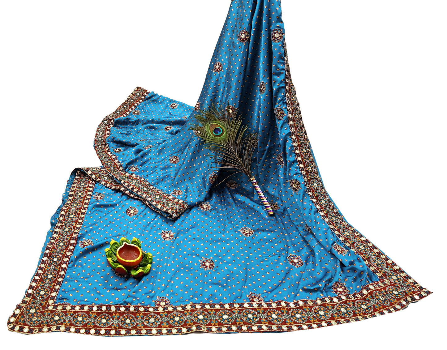 Indian Vintage Blue Saree Hand Embroidered Bandhani Printed Sari Pure satin Silk Sari 5yd Craft Fabric Dress making With Size L-40 Blouse