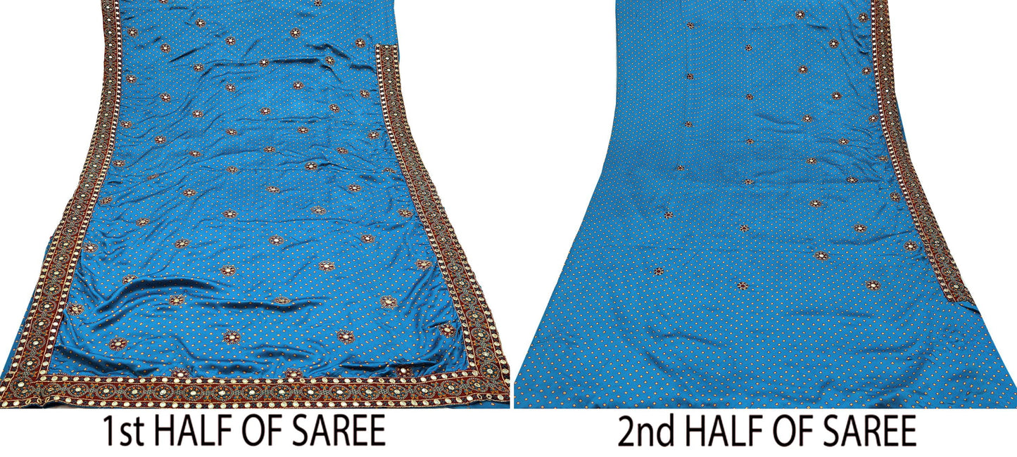 Indian Vintage Blue Saree Hand Embroidered Bandhani Printed Sari Pure satin Silk Sari 5yd Craft Fabric Dress making With Size L-40 Blouse