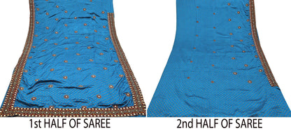 Indian Vintage Blue Saree Hand Embroidered Bandhani Printed Sari Pure satin Silk Sari 5yd Craft Fabric Dress making With Size L-40 Blouse