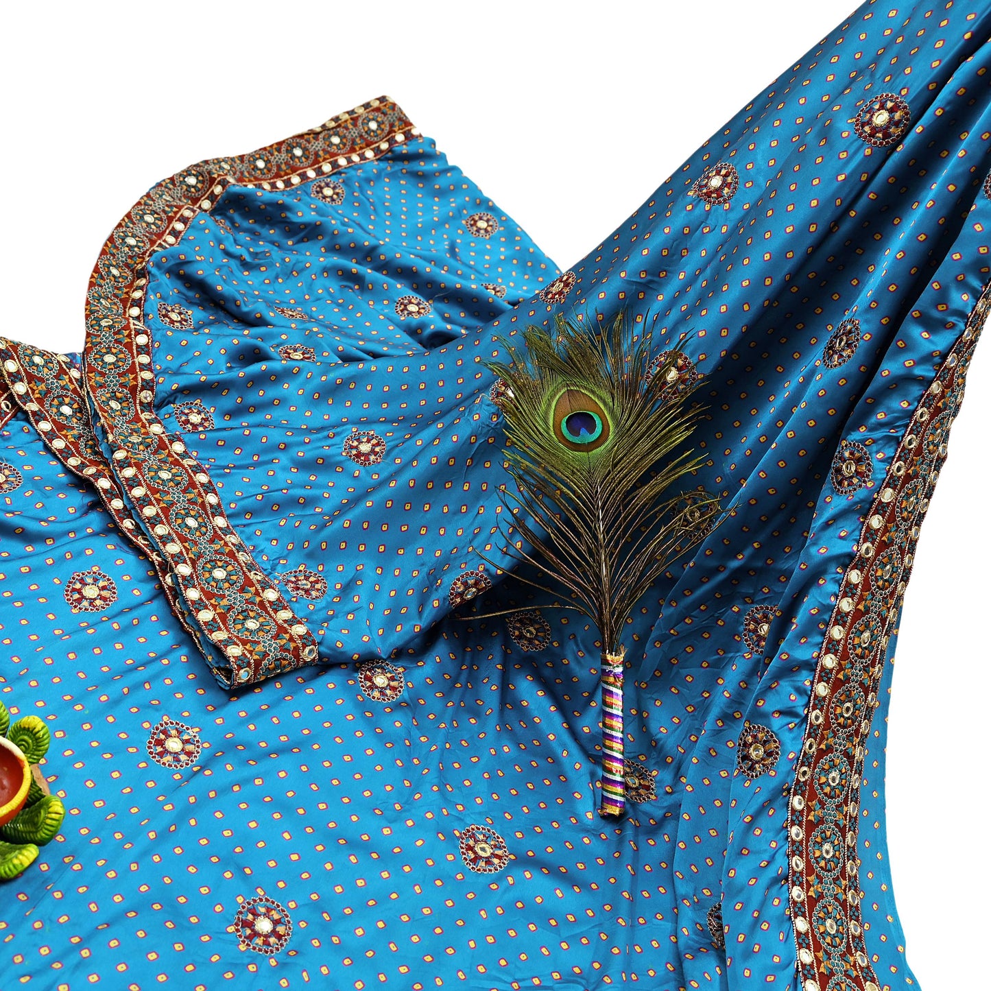 Indian Vintage Blue Saree Hand Embroidered Bandhani Printed Sari Pure satin Silk Sari 5yd Craft Fabric Dress making With Size L-40 Blouse