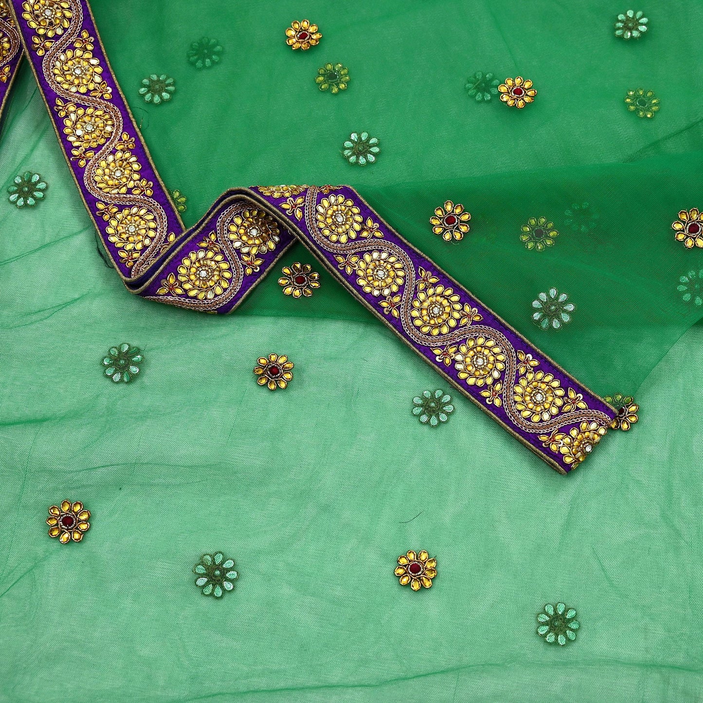 Indian Vintage Heavy Bridal Dupatta Green Net Mesh Long Stole Hand Embroidered Scarf Zardozi Zari Sequins Wedding/Party wear hijab veil