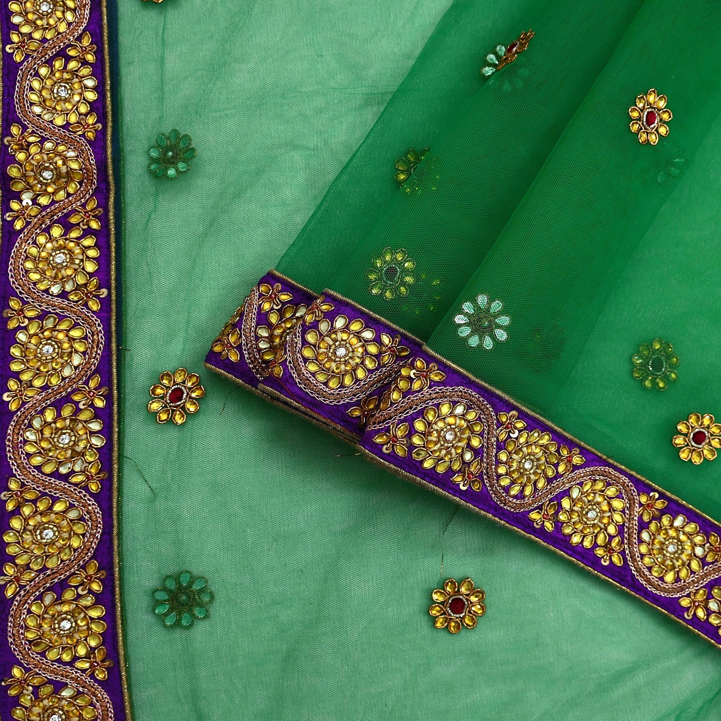 Indian Vintage Heavy Bridal Dupatta Green Net Mesh Long Stole Hand Embroidered Scarf Zardozi Zari Sequins Wedding/Party wear hijab veil