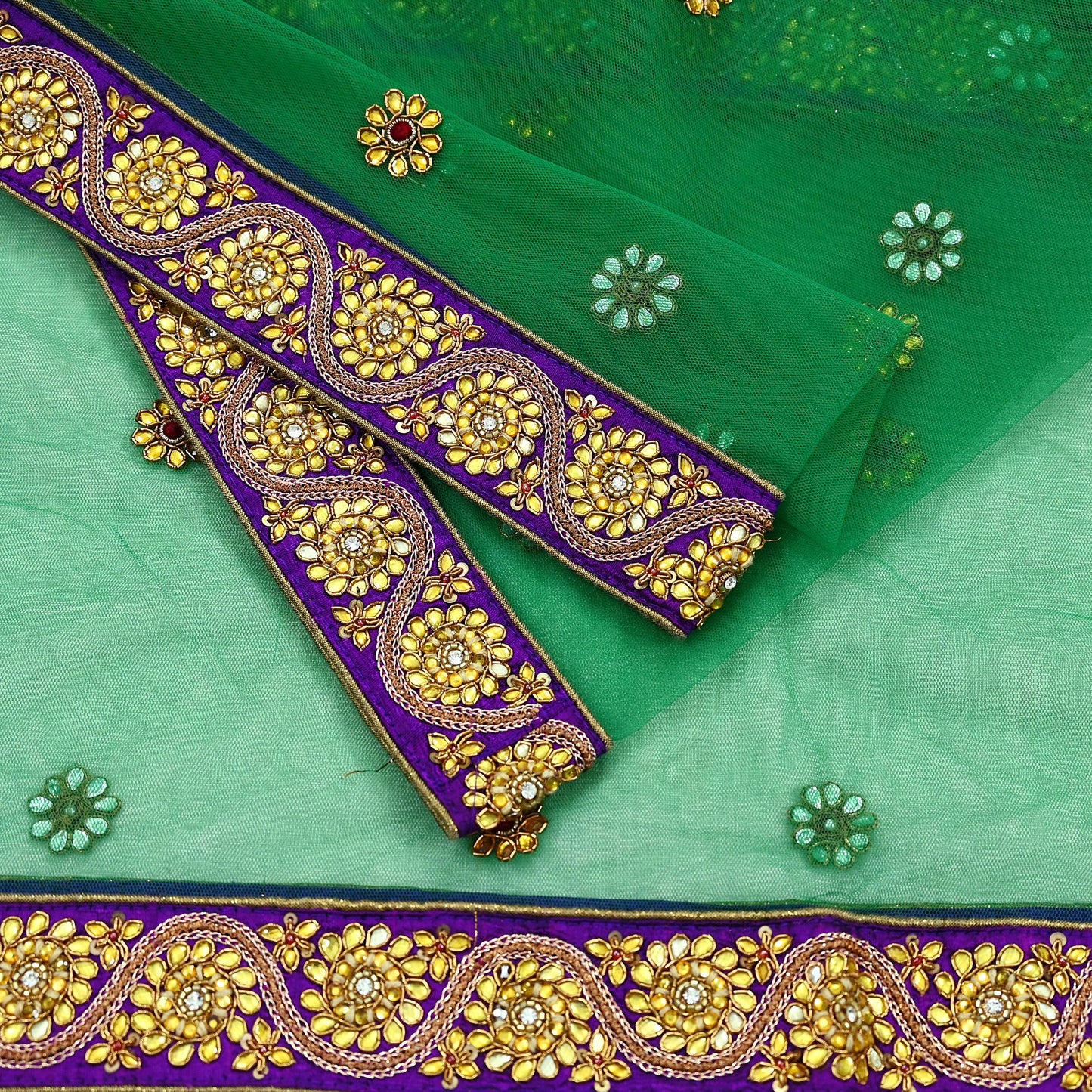 Indian Vintage Heavy Bridal Dupatta Green Net Mesh Long Stole Hand Embroidered Scarf Zardozi Zari Sequins Wedding/Party wear hijab veil