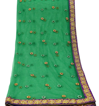 Indian Vintage Heavy Bridal Dupatta Green Net Mesh Long Stole Hand Embroidered Scarf Zardozi Zari Sequins Wedding/Party wear hijab veil