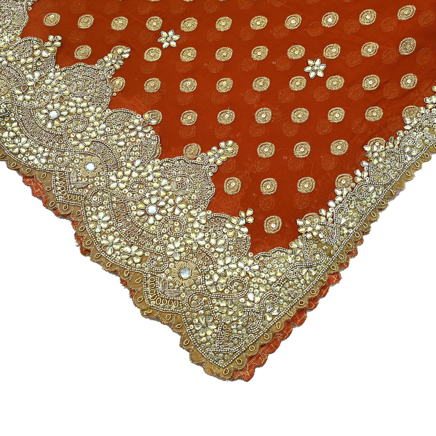 Indian Vintage Heavy Orange Dupatta Pure Georgette Silk Long Stole Hand Embroidered Scarf Zari Zardozi Bridal/ Wedding Veil Hijab