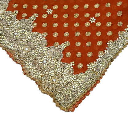 Indian Vintage Heavy Orange Dupatta Pure Georgette Silk Long Stole Hand Embroidered Scarf Zari Zardozi Bridal/ Wedding Veil Hijab