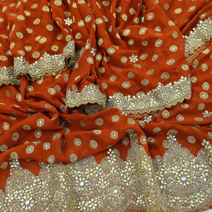 Indian Vintage Heavy Orange Dupatta Pure Georgette Silk Long Stole Hand Embroidered Scarf Zari Zardozi Bridal/ Wedding Veil Hijab