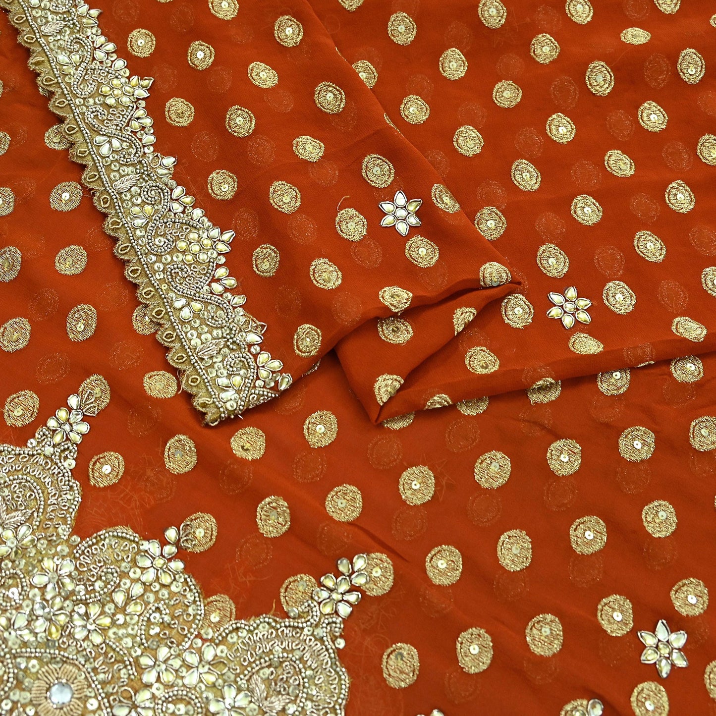 Indian Vintage Heavy Orange Dupatta Pure Georgette Silk Long Stole Hand Embroidered Scarf Zari Zardozi Bridal/ Wedding Veil Hijab