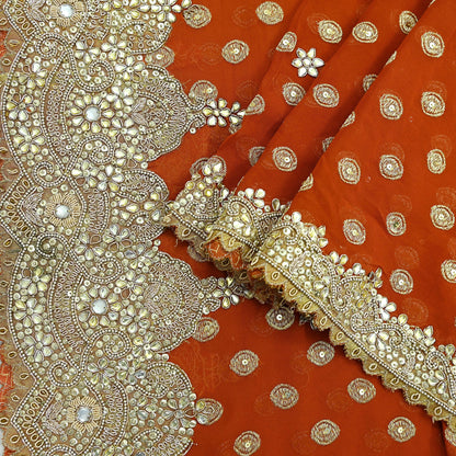 Indian Vintage Heavy Orange Dupatta Pure Georgette Silk Long Stole Hand Embroidered Scarf Zari Zardozi Bridal/ Wedding Veil Hijab