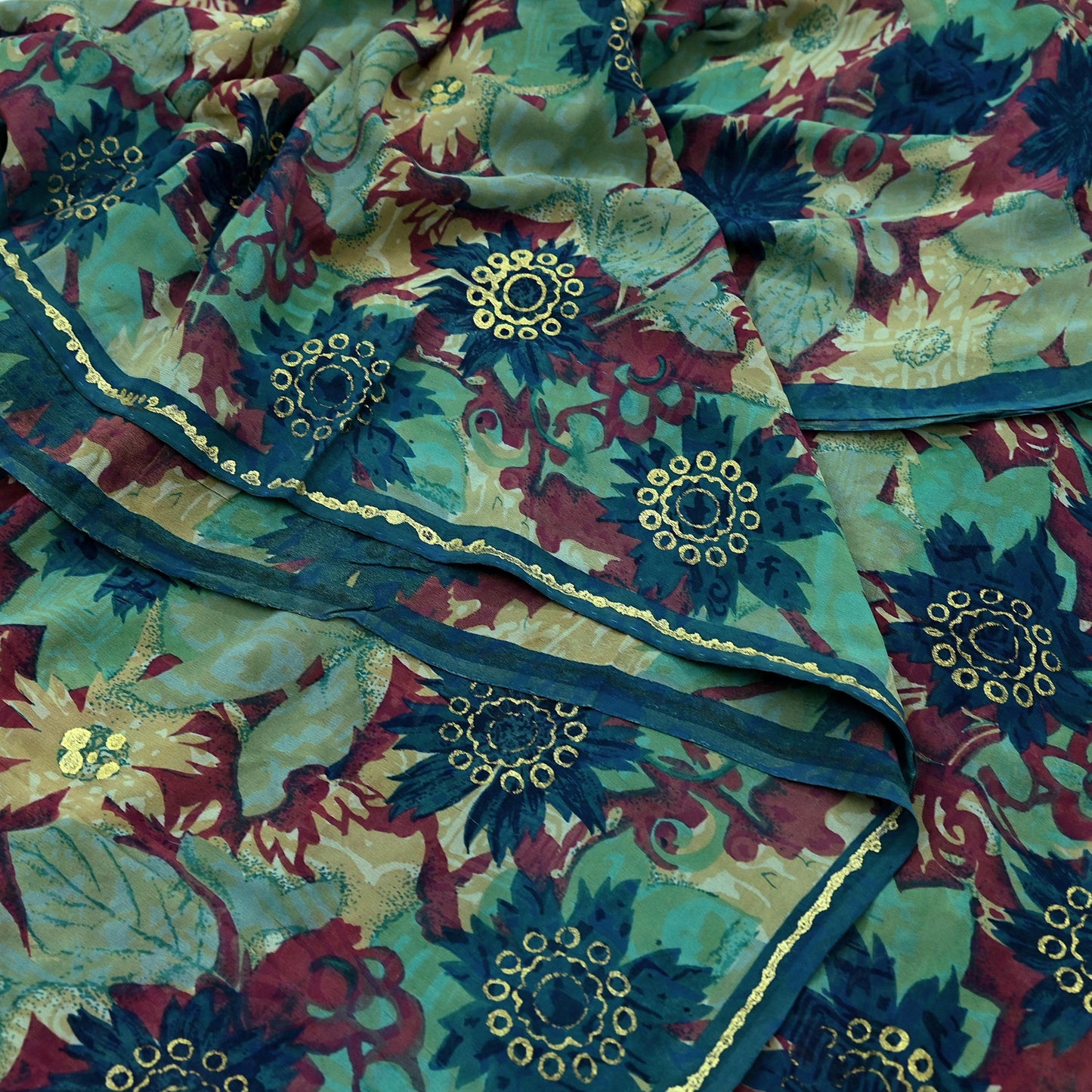 Indian Vintage Sari Green Pure Georgette Silk Printed Sarees Craft Fabric Sewing 5Yd Soft Sari Dress Making Crafting Quilting Upcycle