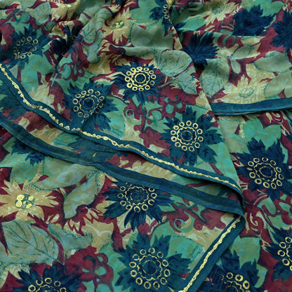 Indian Vintage Sari Green Pure Georgette Silk Printed Sarees Craft Fabric Sewing 5Yd Soft Sari Dress Making Crafting Quilting Upcycle