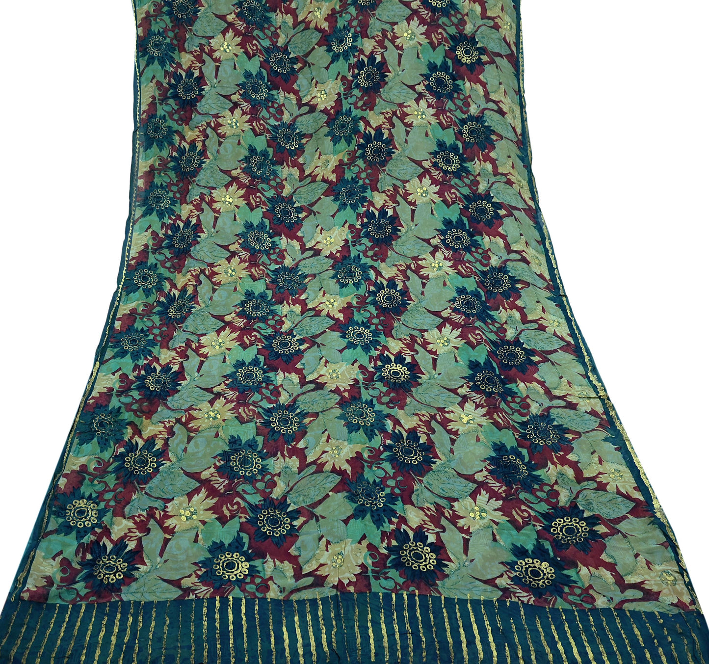 Indian Vintage Sari Green Pure Georgette Silk Printed Sarees Craft Fabric Sewing 5Yd Soft Sari Dress Making Crafting Quilting Upcycle