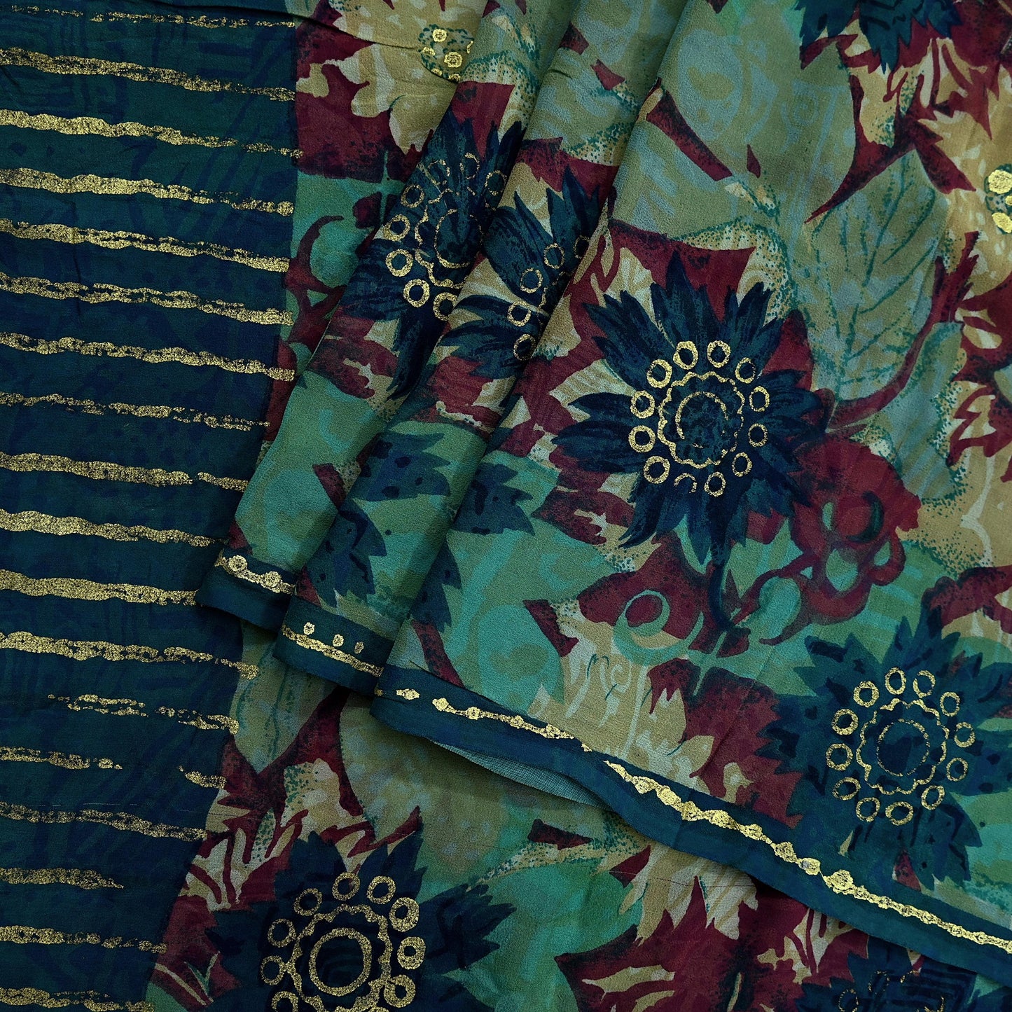 Indian Vintage Sari Green Pure Georgette Silk Printed Sarees Craft Fabric Sewing 5Yd Soft Sari Dress Making Crafting Quilting Upcycle