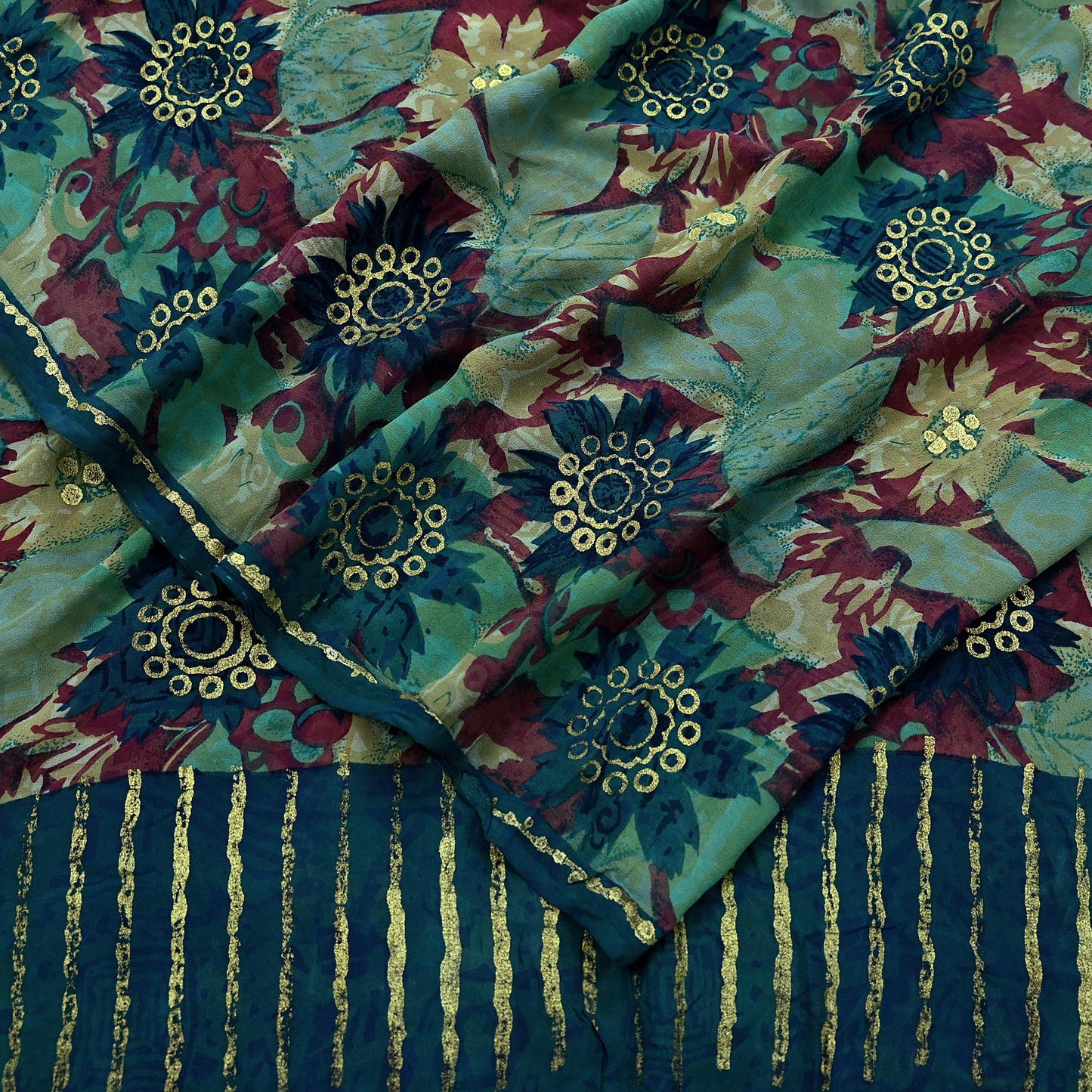 Indian Vintage Sari Green Pure Georgette Silk Printed Sarees Craft Fabric Sewing 5Yd Soft Sari Dress Making Crafting Quilting Upcycle