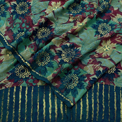 Indian Vintage Sari Green Pure Georgette Silk Printed Sarees Craft Fabric Sewing 5Yd Soft Sari Dress Making Crafting Quilting Upcycle