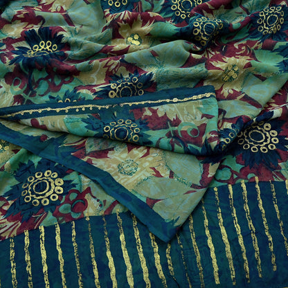 Indian Vintage Sari Green Pure Georgette Silk Printed Sarees Craft Fabric Sewing 5Yd Soft Sari Dress Making Crafting Quilting Upcycle