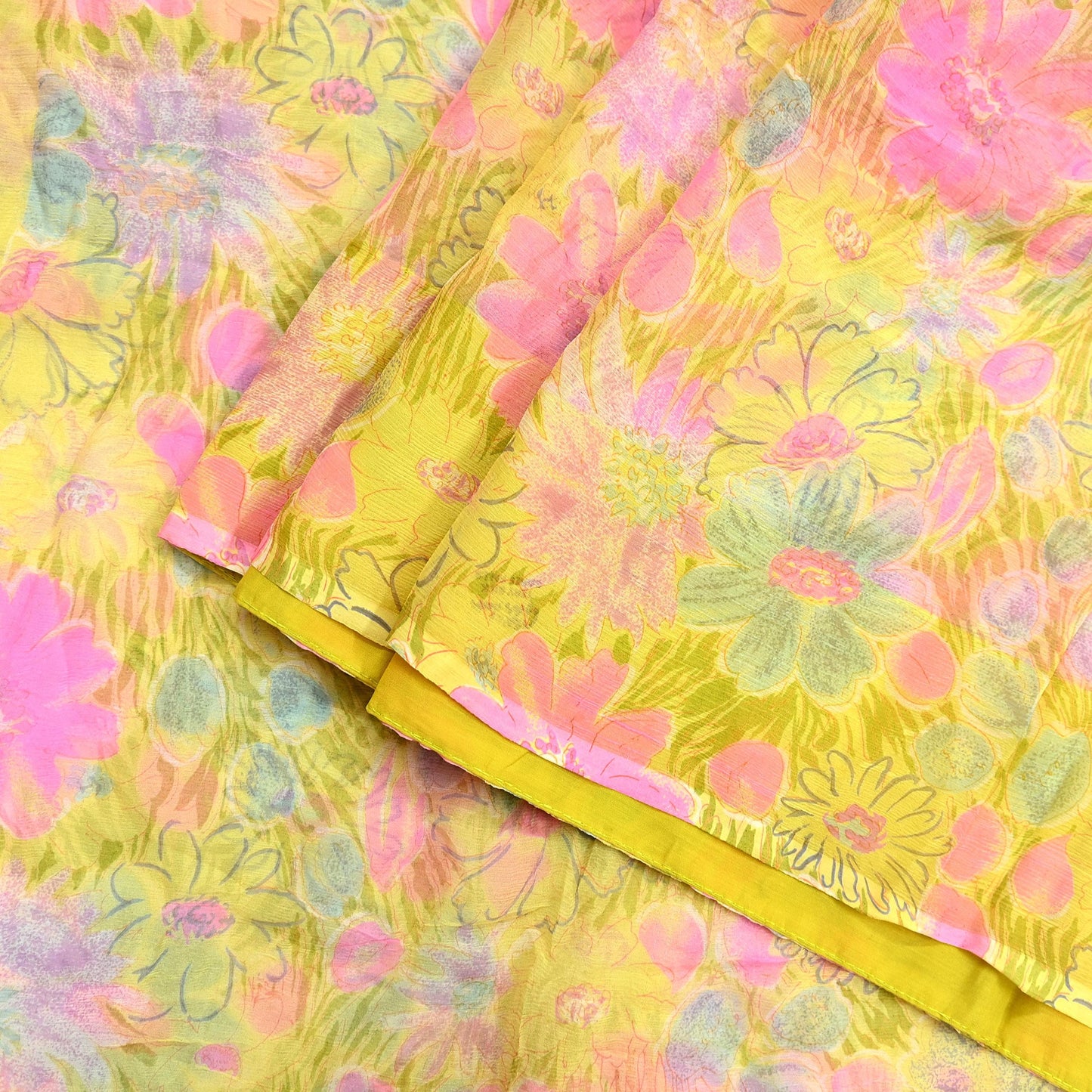 Indian Women Vintage Yellow Saree Pure Chiffon Silk Printed Sari Craft Fabric Sewing 5Yd Soft Light Sari Dress Making Floral