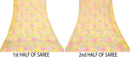 Indian Women Vintage Yellow Saree Pure Chiffon Silk Printed Sari Craft Fabric Sewing 5Yd Soft Light Sari Dress Making Floral