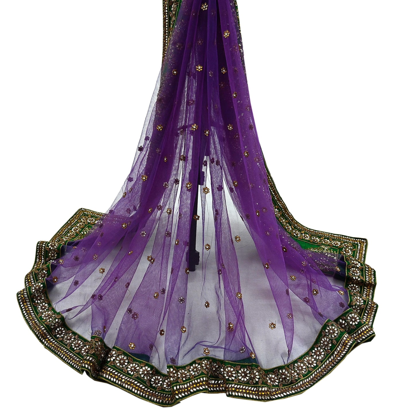 Indian Vintage Heavy Wedding Purple Dupatta Net Mesh Long Stole Hand Embroidered Scarves Golden Zardozi Dabka Zari Stole