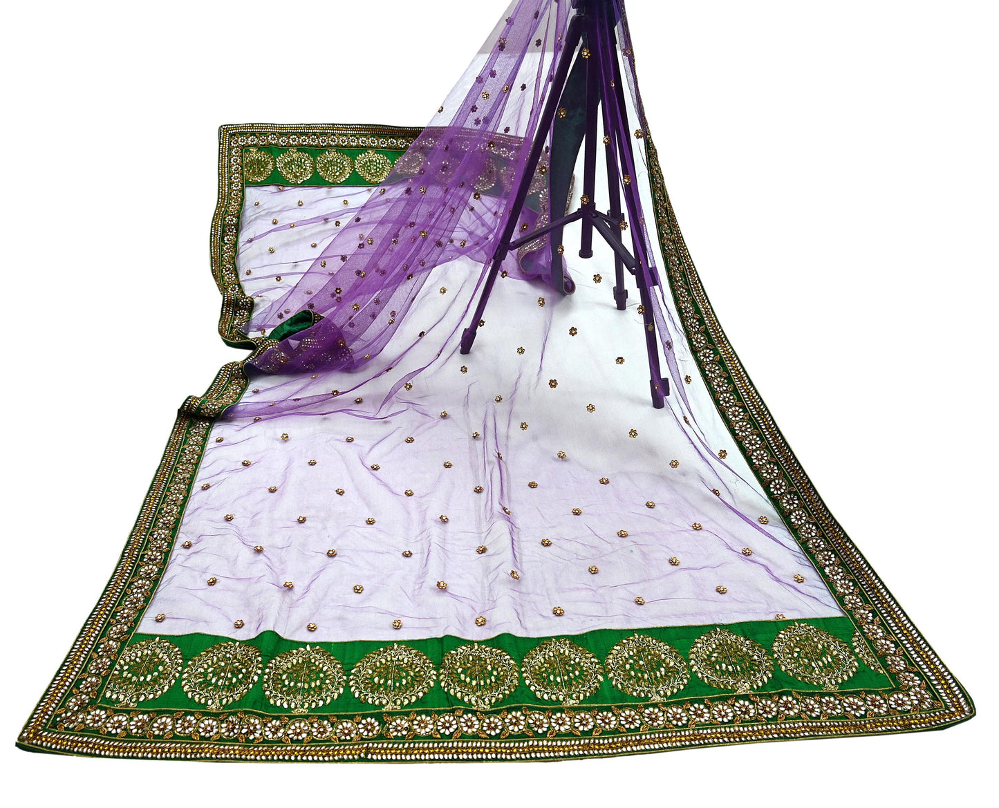 Indian Vintage Heavy Wedding Purple Dupatta Net Mesh Long Stole Hand Embroidered Scarves Golden Zardozi Dabka Zari Stole