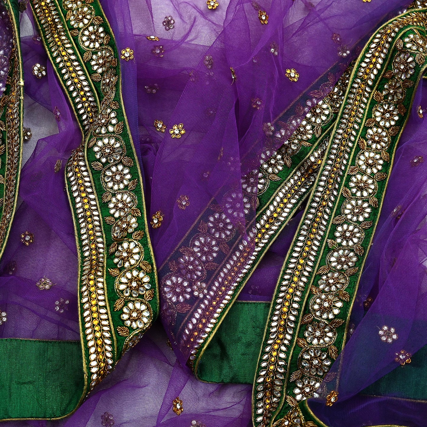 Indian Vintage Heavy Wedding Purple Dupatta Net Mesh Long Stole Hand Embroidered Scarves Golden Zardozi Dabka Zari Stole