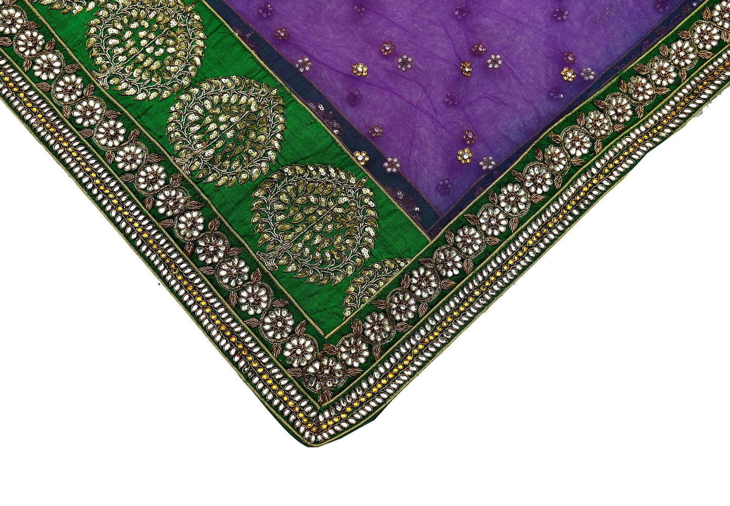 Indian Vintage Heavy Wedding Purple Dupatta Net Mesh Long Stole Hand Embroidered Scarves Golden Zardozi Dabka Zari Stole