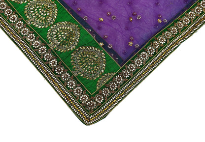 Indian Vintage Heavy Wedding Purple Dupatta Net Mesh Long Stole Hand Embroidered Scarves Golden Zardozi Dabka Zari Stole