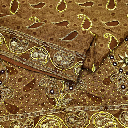 Indian Vintage Heavy Wedding Brown Dupatta Pure Organza Silk Long Stole Hand Embroidered Scarves Zardozi Zari Bridal Veil Wrap Hijab