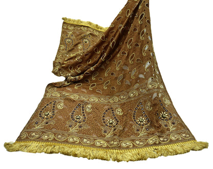 Indian Vintage Heavy Wedding Brown Dupatta Pure Organza Silk Long Stole Hand Embroidered Scarves Zardozi Zari Bridal Veil Wrap Hijab