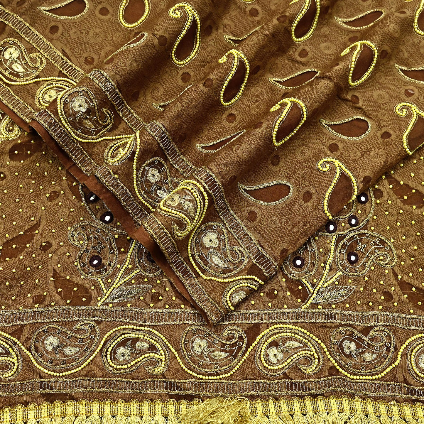 Indian Vintage Heavy Wedding Brown Dupatta Pure Organza Silk Long Stole Hand Embroidered Scarves Zardozi Zari Bridal Veil Wrap Hijab