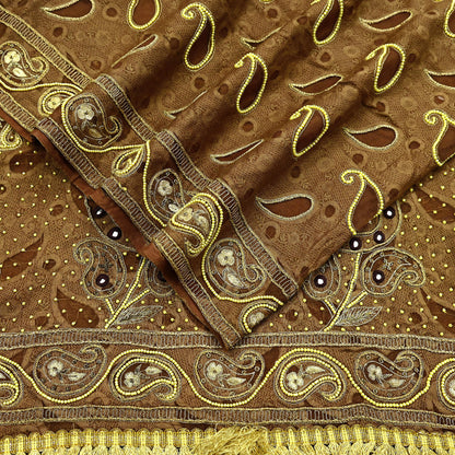 Indian Vintage Heavy Wedding Brown Dupatta Pure Organza Silk Long Stole Hand Embroidered Scarves Zardozi Zari Bridal Veil Wrap Hijab